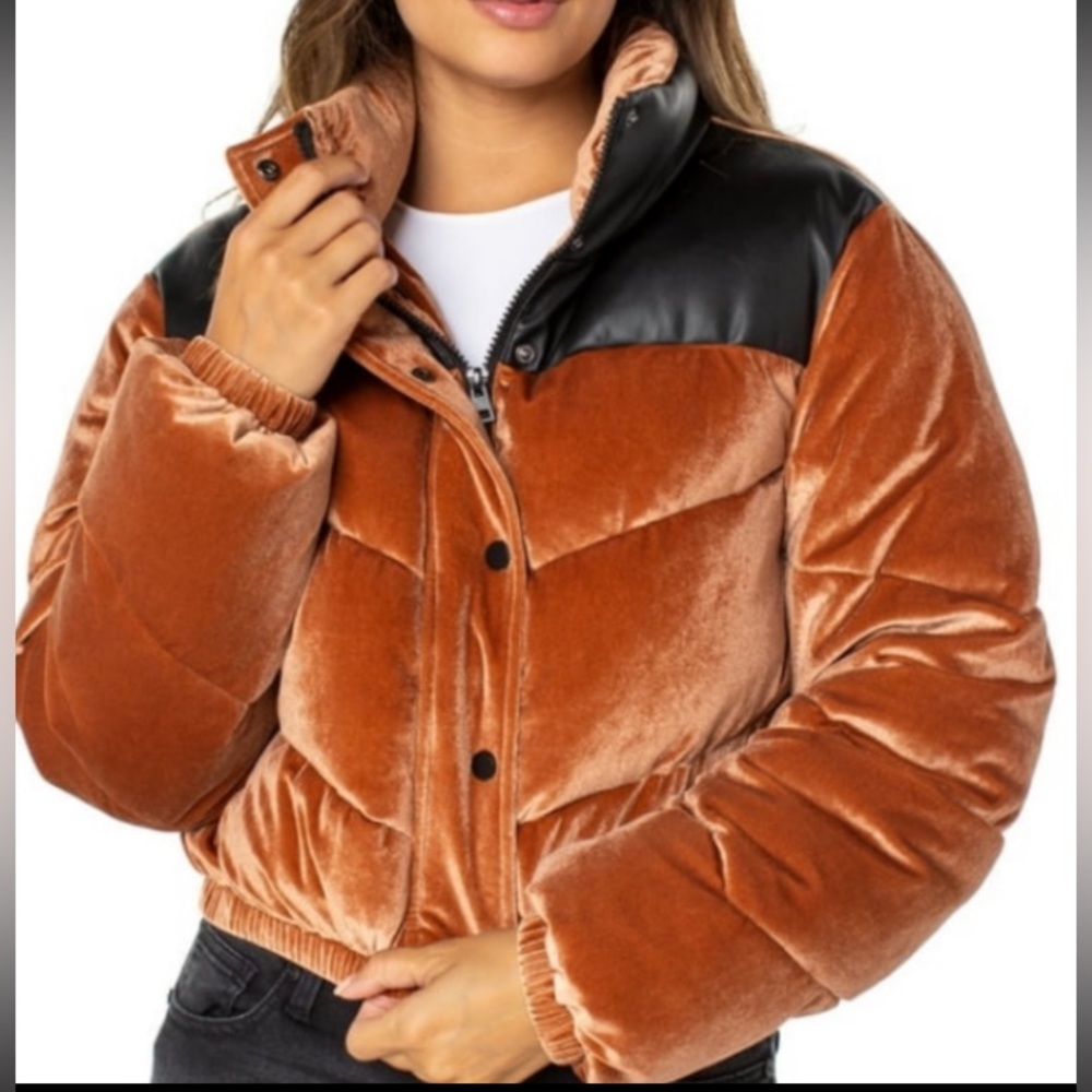 NWOT CELEBRITY PINK Deep Gold Velvet and Faux Leather Puffer Jacket Size XL